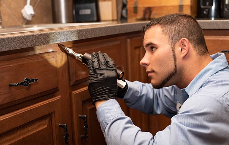 image of an exterminator in a kitchen